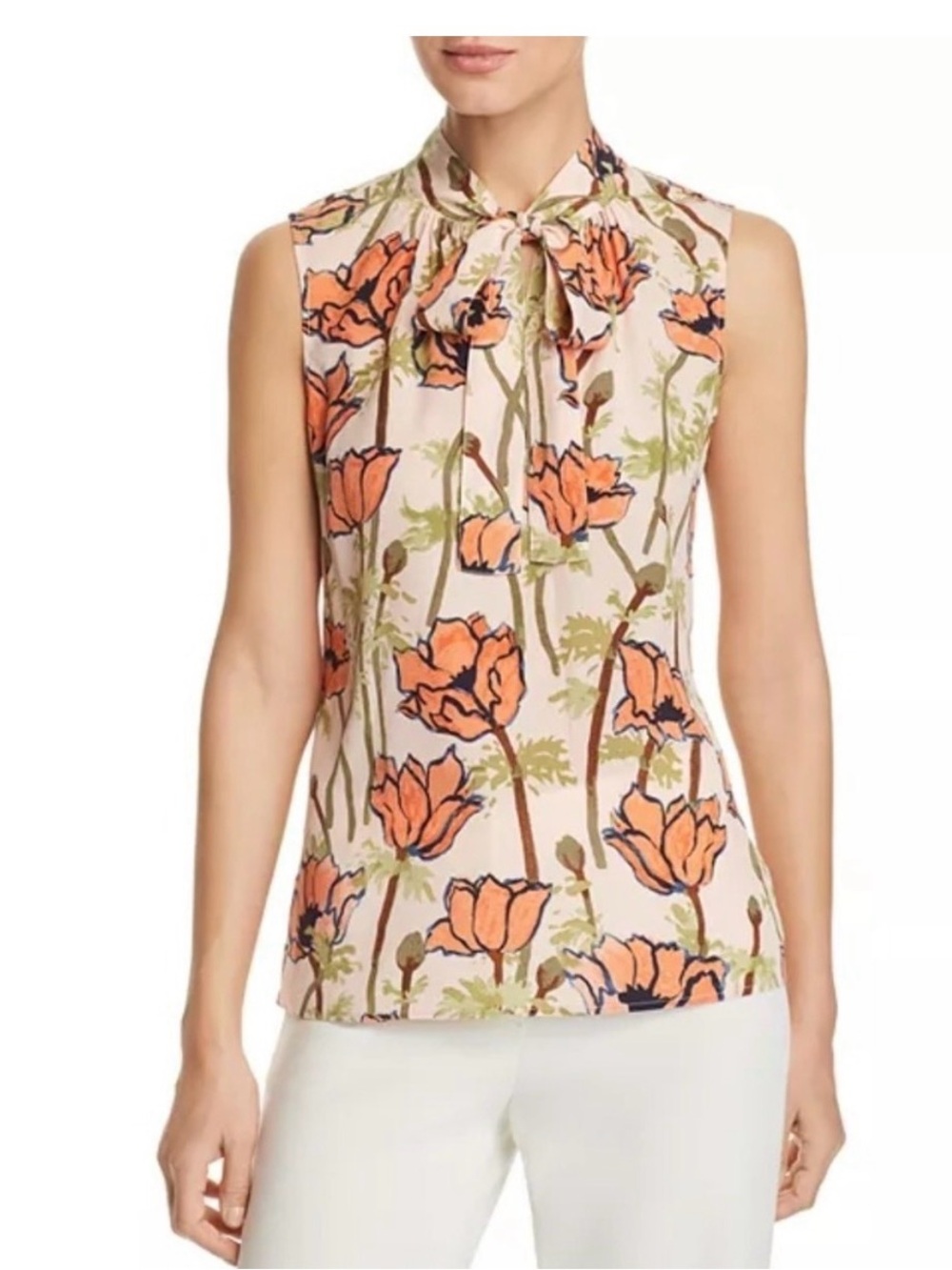 Tory Burch Pink Poppies Bloom Floral Bow Blouse NWT 100% Silk
